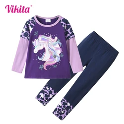 VIKITA Children Clothes Kids Licorne Cartoon Leopard Print Cotton Casual Long Sleeve T Shirt and Pants 2 Pcs Suit Kids Clothing