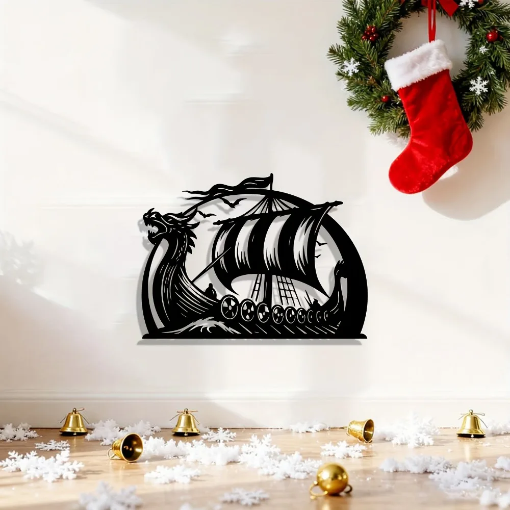 Viking Longship Metal Wall Sculpture - Rust-Resistant Norse Boat Art for Garden Fence, History Buff Christmas Gift