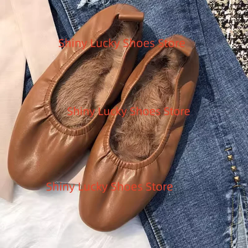 أحذية فرو المنك للنساء أصابع مربعة كعب مسطح مطوي Chassure فام الضحلة الإناث الباليه خطوط الخياطة السيدات بولي Leather الجلود