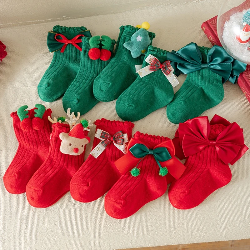 Christmas Socks for Kids Toddler Baby Girls Cotton Bow Short Socks Children\'s New Year Gifts