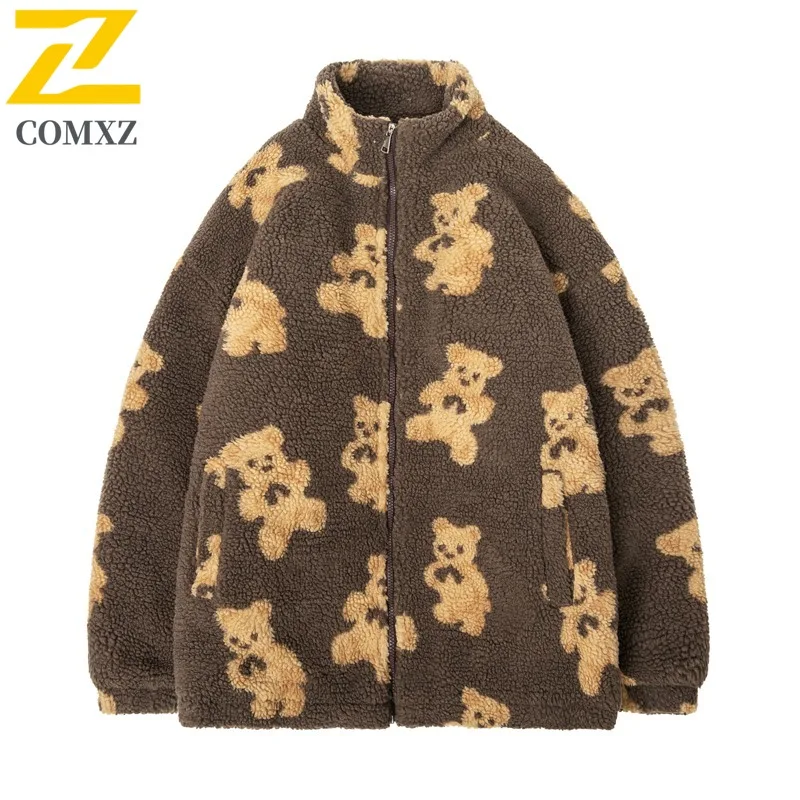 

COMXZ Мужская зимняя куртка с принтом медведя, ветрозащитная повседневная стеганая куртка для путешествий, новинка 2025, флисовая куртка высокого качества для кемпинга