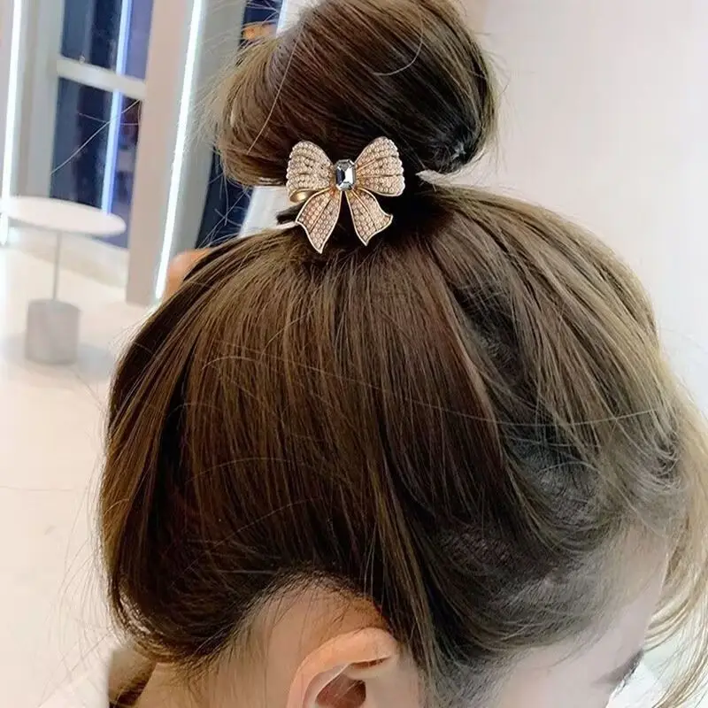 ربطة شعر أنيقة على شكل فيونكة لؤلؤية للفتيات على شكل ذيل حصان كوري، أربطة شعر مرنة للنساء، عصابات رأس #4