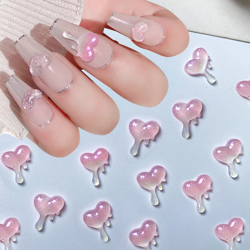 20 piezas de diamantes de imitación Kawaii en forma de corazón con purpurina de Auroras rosas, abalorios de uñas transparentes 3D que crecen en la oscuridad, accesorios para decoración de uñas DIY