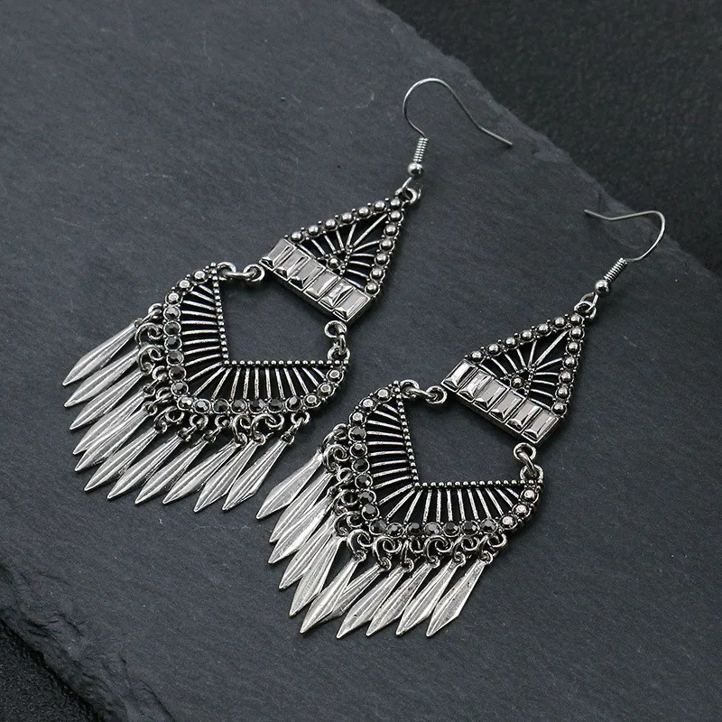 Ethnic Retro Gold/Silver Color Earring for Women Gypsy Geometric Tassel Dangling Earrings Female Hollow Jhumka Indian Jewelry