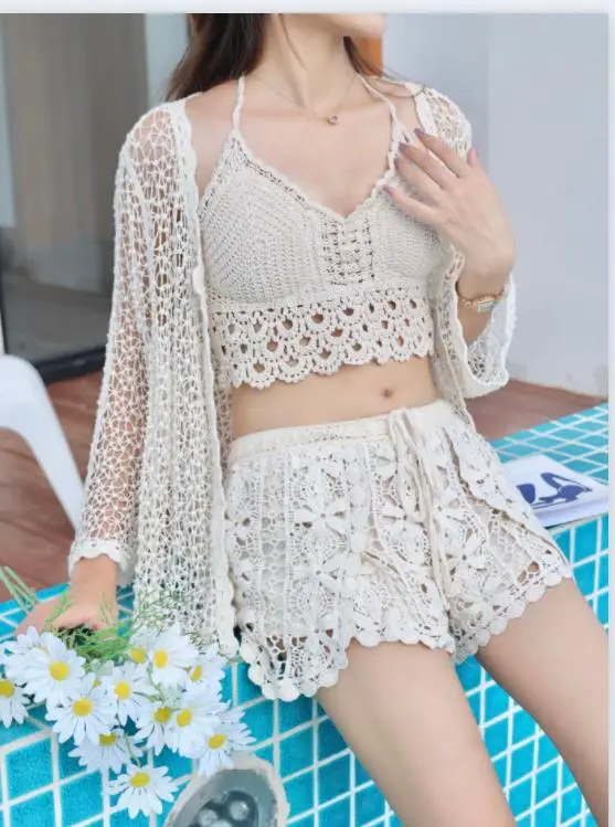 women sexy hollow out 3pcs sets summer women beach holiday crochet sets woman  Beach Style  Hook flower hollow sets