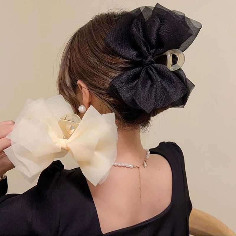 Vrouwen Elegante Grote Chiffon Boog Haar Klauw Zoete Mesh Boog Grijpen Haar Clip Paardenstaart Haai Haarspeldjes Mode Haaraccessoires