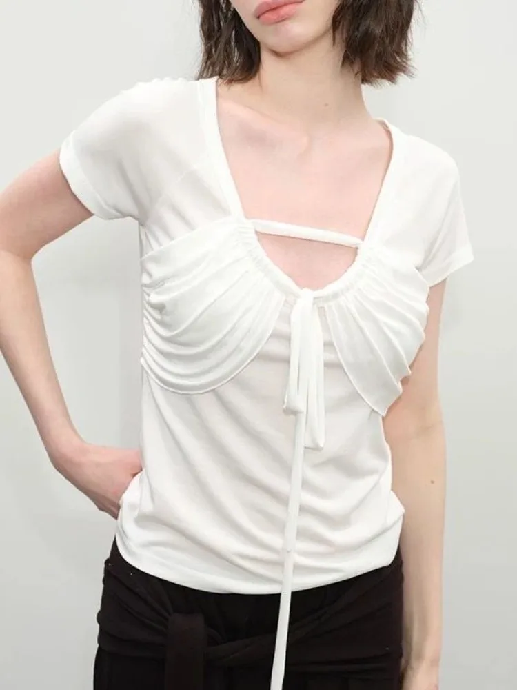 Slim-fit Temperament Strap Fake Two-piece Short-sleeved T-shirt Slim-fit Women's Top
