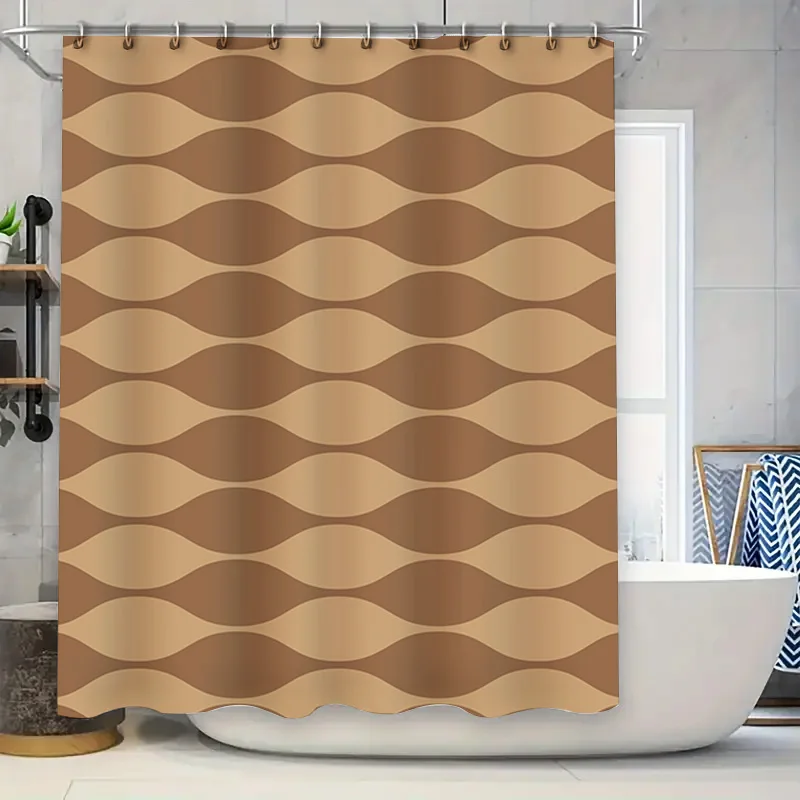 Modern Bath Shower Curtain Set Decorative Waterproof Fabric Neutral Colors Wave Pattern Design for Bathroom Brown Beige (180 x 2