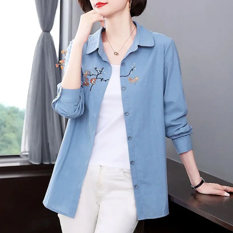 Spring Autumn New Elegant Fashion Long Sleeve Shirt Women High Street Loose Casual Cardigan Embroidered Pure Cotton Blouses Tops