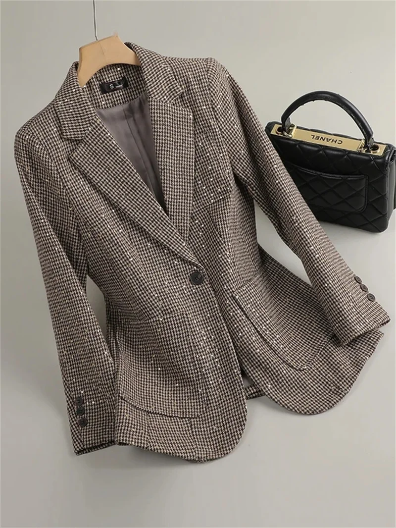 

Women Winter Plaid Blazers Coats Korean Fashion Elegant Solid Thick Jacket Female Office Lady Long Overcoat Female Blazer