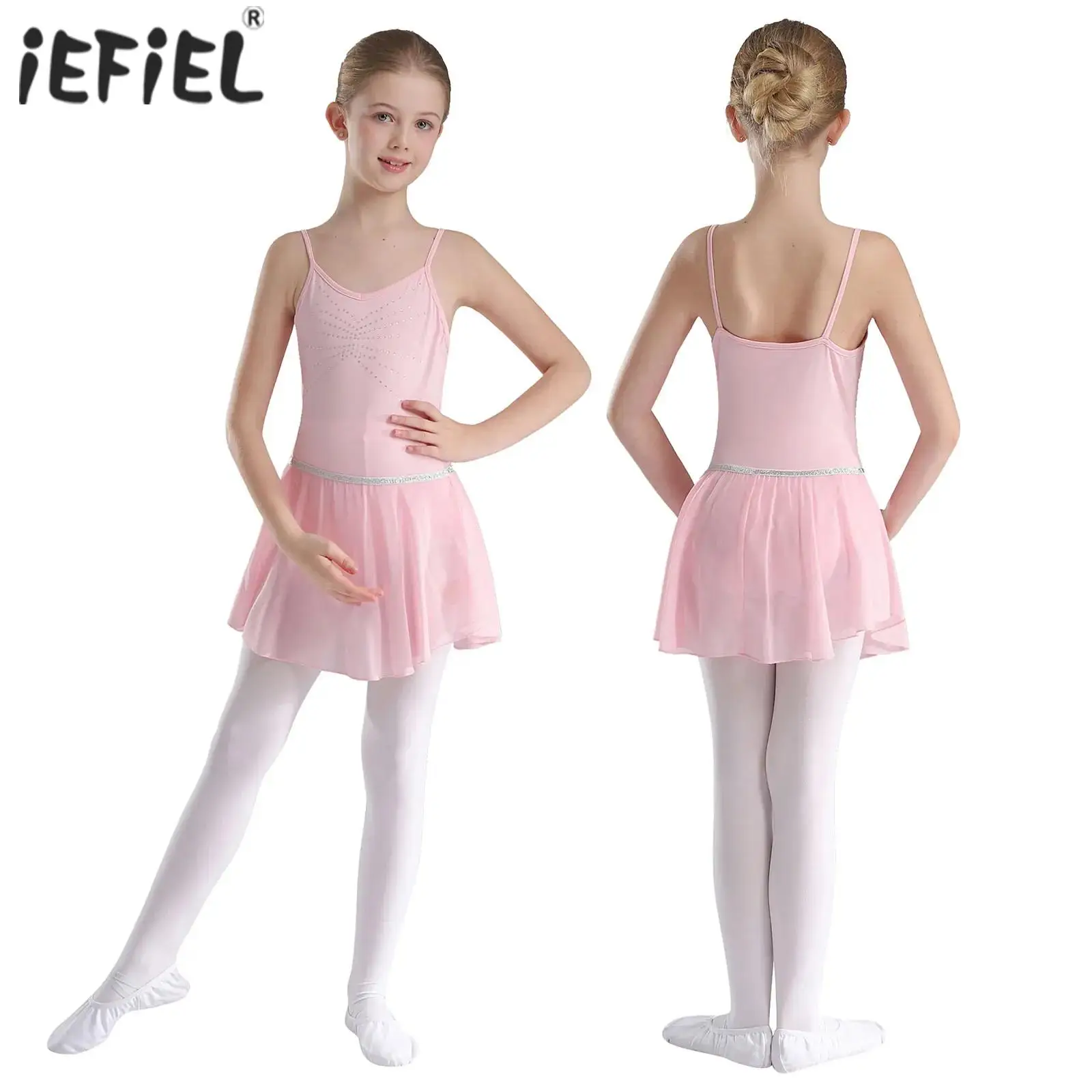 

Kids Girls Ballet Leotard Dresses Rhinestones V Neck Spaghetti Straps Gymnastics Workout Dancewear Dance Training Performance