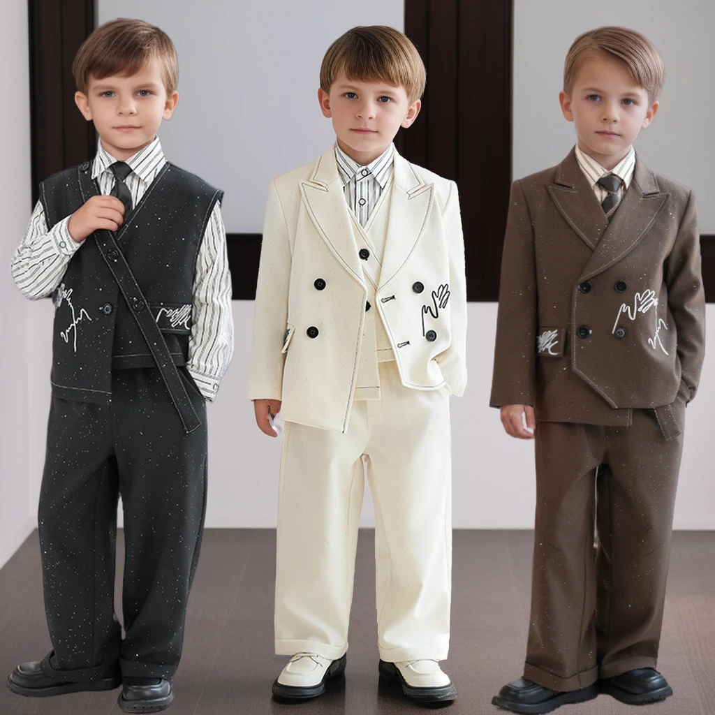 Kids Suit Set Vintage Star-Embroidered Flower Boy Wedding Birthday Party Tuxedo Formal Boys Piano Host Performance Costume 10 Y