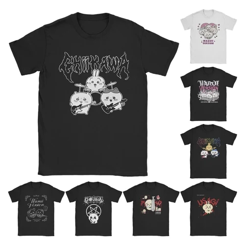 Camiseta de Heavy Metal Chiikawa Usagi Hachiware para hombre, ropa de algodón puro Meme, pantalón corto informal de manga con cuello redondo, camisetas estampadas