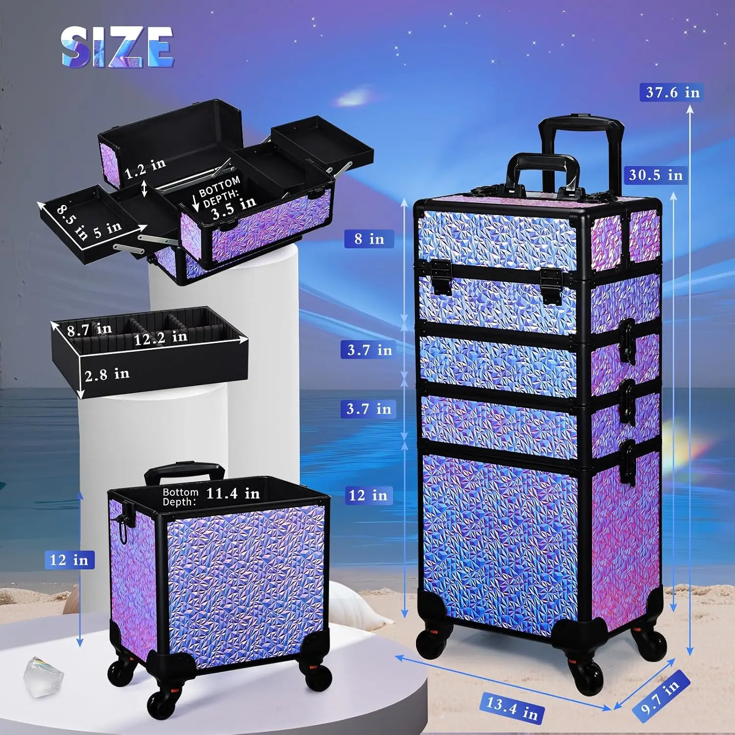 Rolling Makeup Train Case, Large Cosmetology Storage Cart With Drawers, Travel Nail Salon Beauty Organizer Trolley On Wheels, Mobile Hairstylist Vanity Box, Shiny Purple, Set Of One view 4
