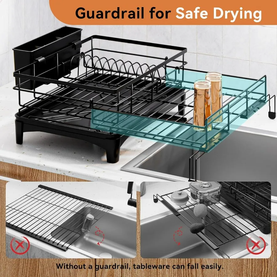 رف تجفيف الأطباق - رف قابل للتوسيع، مصفاة أطباق ذات سعة كبيرة لطاولة المطبخ، مقاومة للصدأ مع حامل أواني، أسود #4