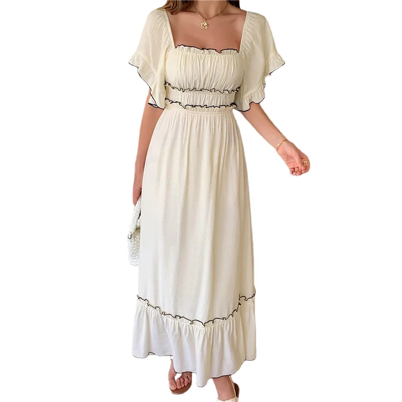 Vestido midi de manga corta para mujer, cuello cuadrado, color en contraste, informal, Rick Rack, vestidos ahumados-A55G