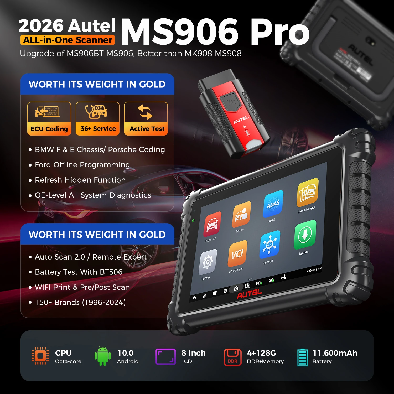Autel MaxiSYS MS906 PRO OBD2 Scanner ECU Coding Car Diagnostic Tool Automotive OBD2 Scanner CAN FD/DoIP Updated of MK906BT MS906