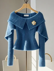 Women Slash Neck Jumper French Vintage Design Pullovers Tops Fall Winter Mori Girl Sweaters Long Sleeve Korean Fashion Knitwears