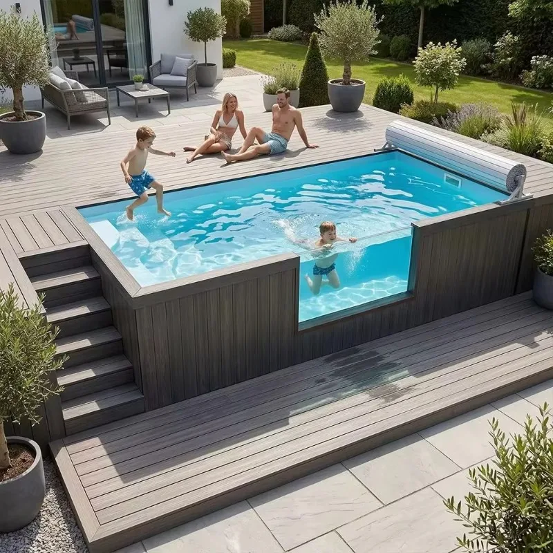 20ft Container Swimming Pool Above Ground Acrylic Fiberglass Glass Window Wooden Style for Outdoor Garden Backyard Villa