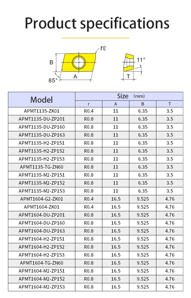 MZG 10 Stück APMT1135 APMT1604 DU H2 M2 ZP152 ZP153 ZP20M Hartmetall-Fräseinsatz kann mit BAP300R BAP400R Werkzeughalter installiert werden. – Detail 4