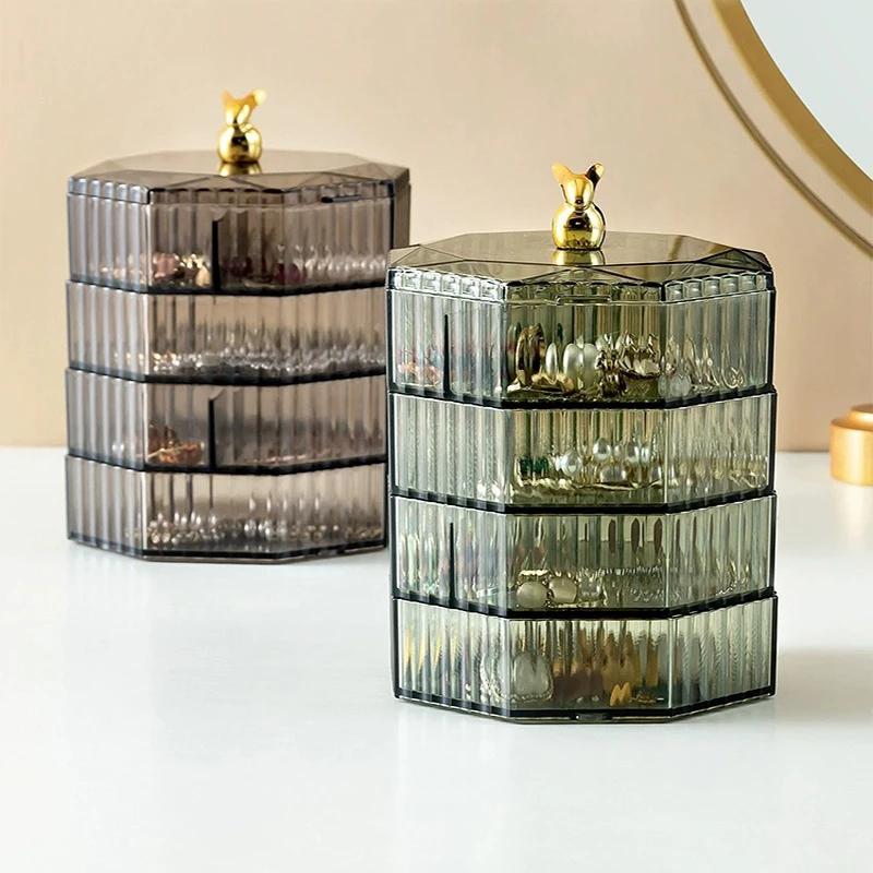 Rotating Jewelry Storage Box with Makeup Rack