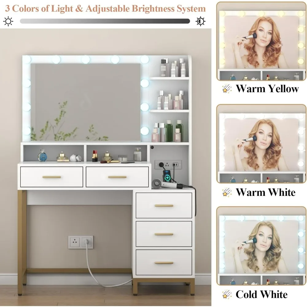 Vanity Desk with Lighted Mirror & Power Outlet, 5 Drawers, Two Cubby & Shelf, Vanity Dresser with 11 Lights in 3 Lighting Colors