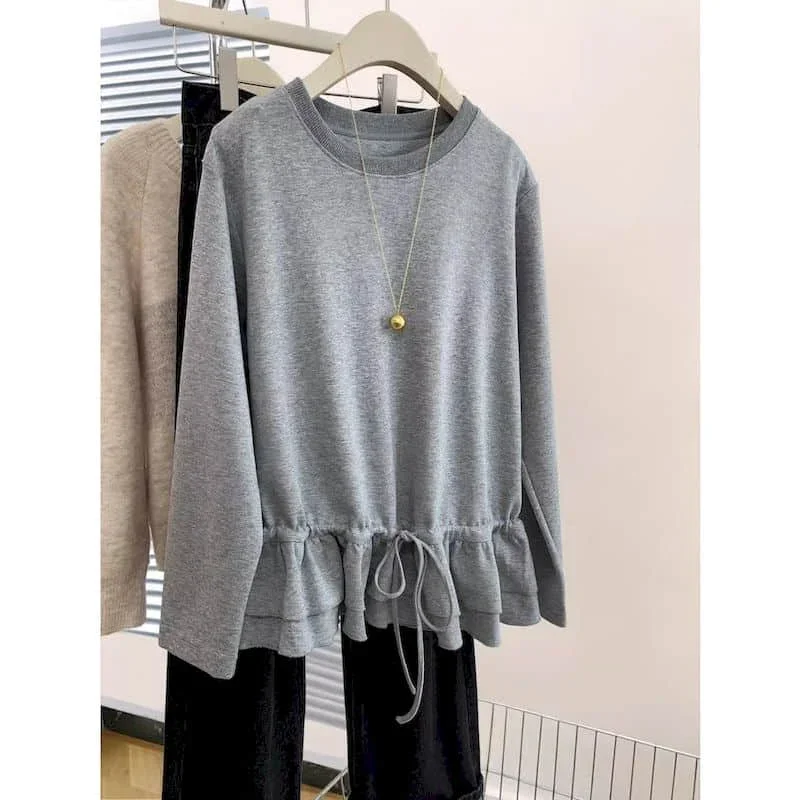 Pop Solid T-shirts For Women Elegant O-neck Lace Hem Design Tees Casual Korean Style Long Sleeved Aesthetic Vintage Clothes Tren