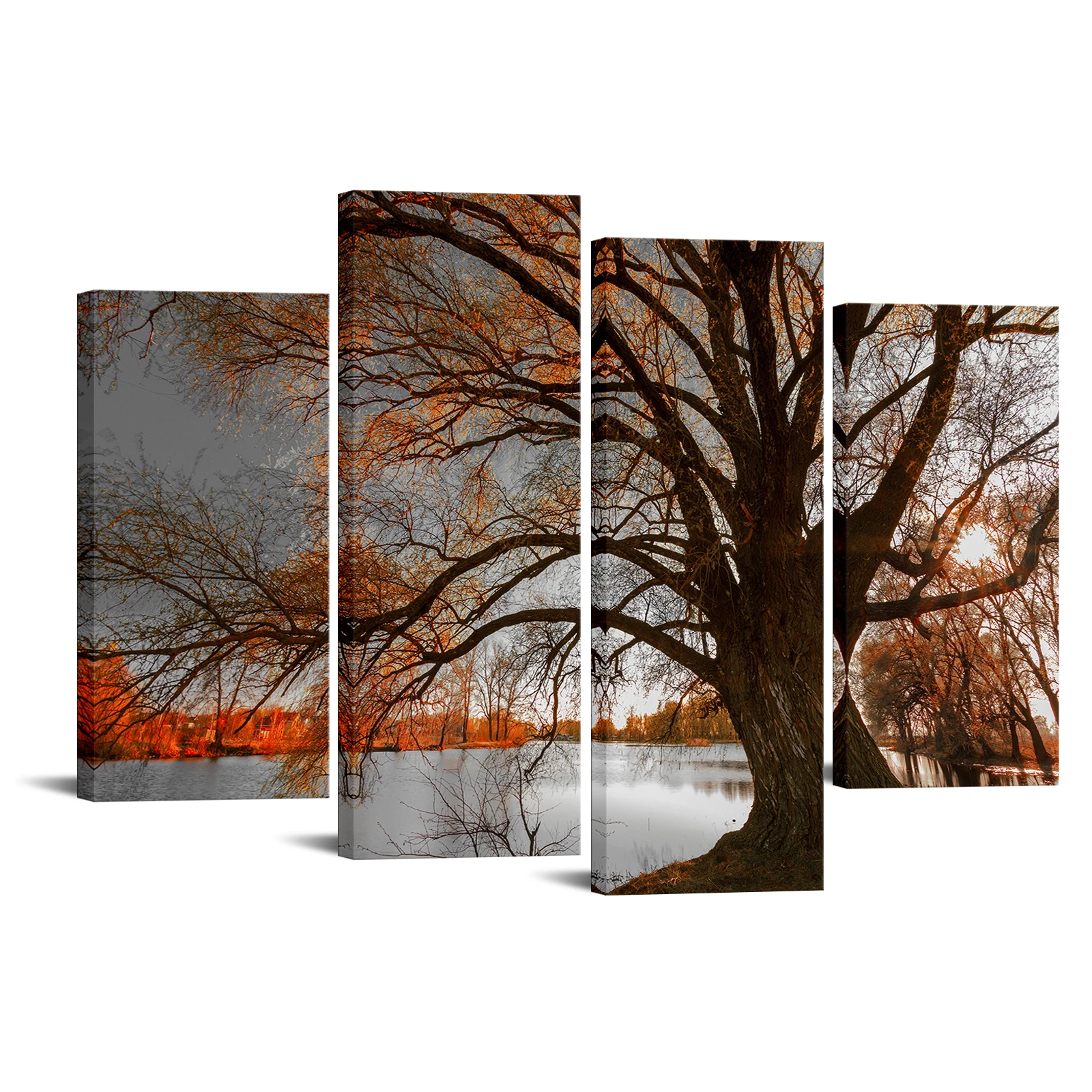 

4 Pieces Tree By The Lake Poster Home Decor Lake Landscape Print Canvas Painting Modern Style Pictures Living Room Wall Art