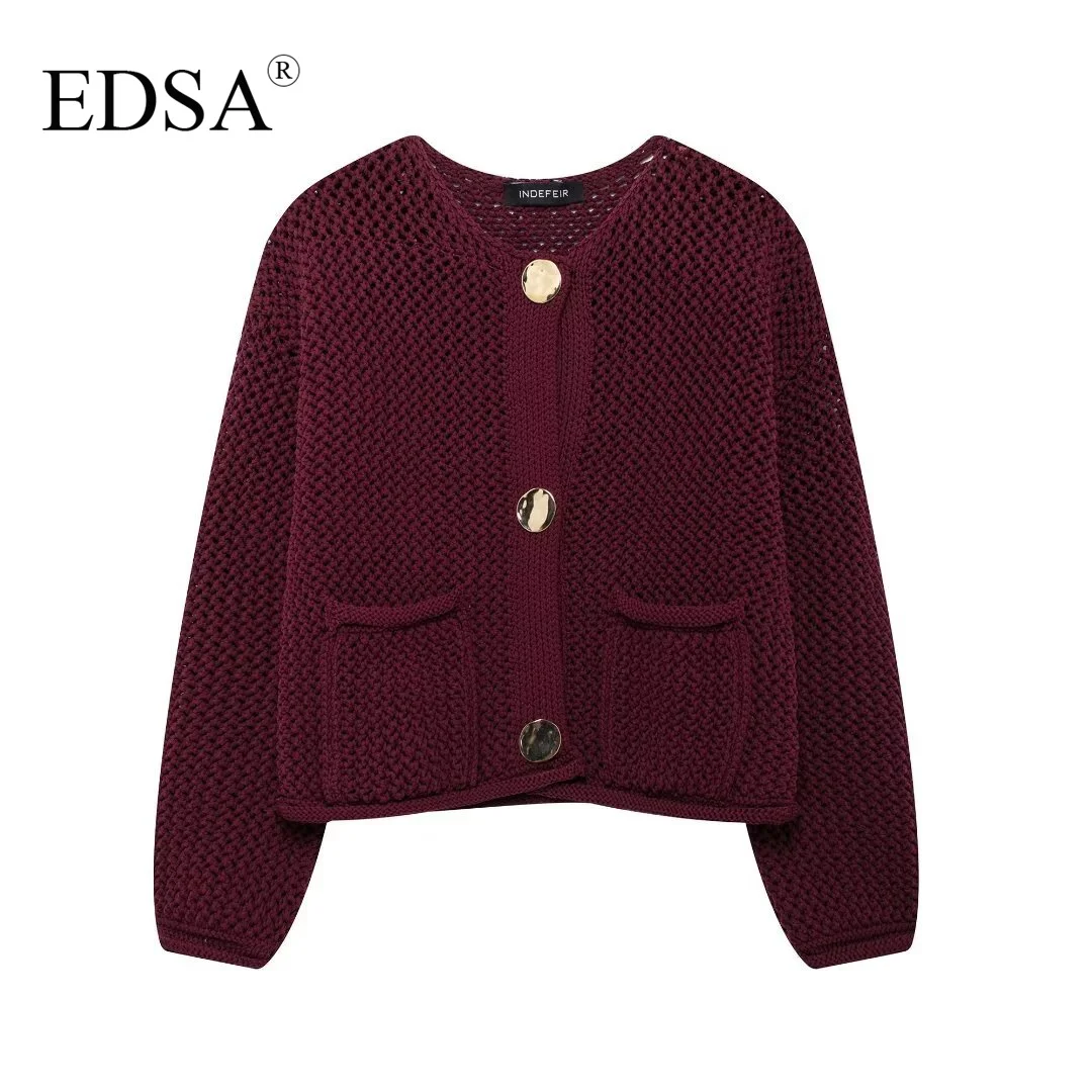 EDSA Women Vintage Solid Sweater O-Neck Long Sleeve Metal Button Knitted Cardigan Autumn Female Fashion High Street Top Coat