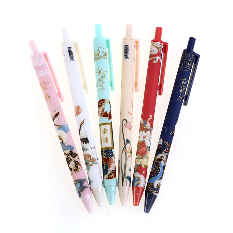6Pcs/Set Cute Chinese style Retractable Gel Pen Black Ink Signature Writing Pen