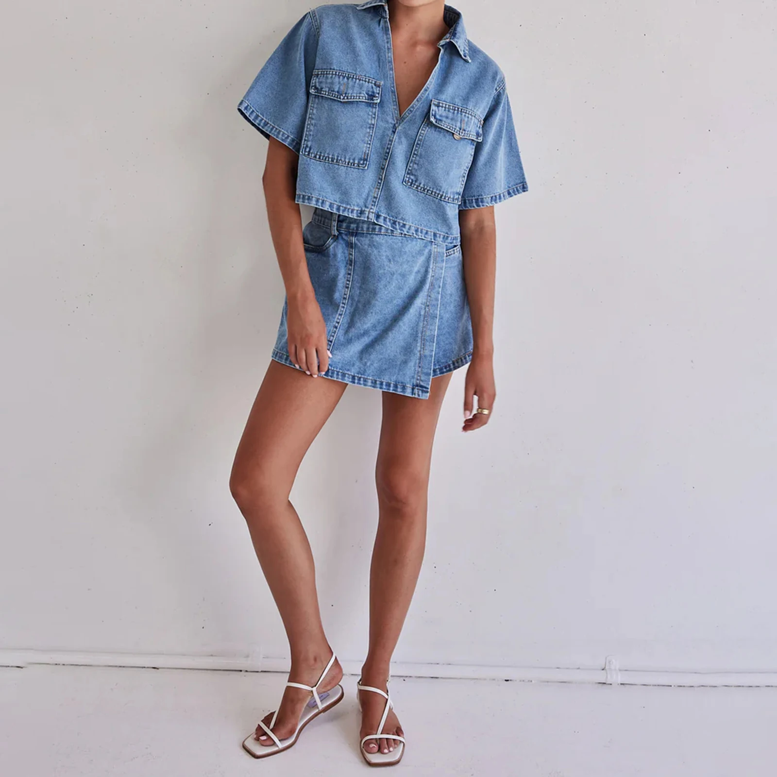 Combhasaki Women 2Piece Denim Outfits Set Short Sleeve Lapel V-Neck Pullover Crop Tops + Irregular Skirted Shorts with Pockets