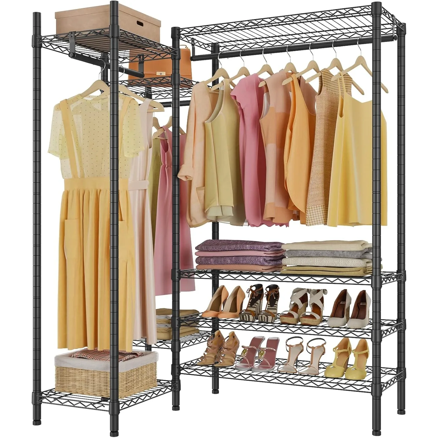 L20 Basic Heavy Duty Garment Rack for Corner Metal Clothes Rack Wire Clothing Rack w/ 8 Adjustable Shelves,3 Hanging Rods, Black