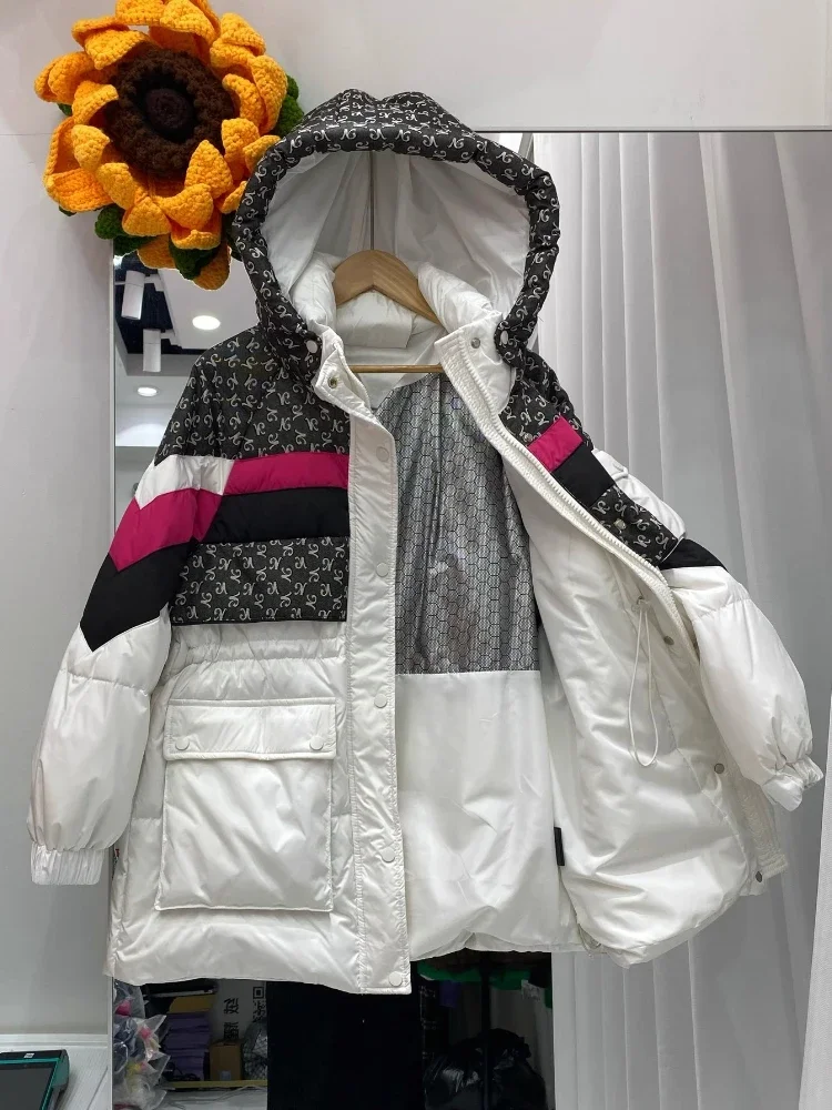 Chaqueta de plumón gruesa de longitud media para mujer, Abrigo con capucha, Color de contraste, holgado, informal, de gran tamaño, de pato blanco