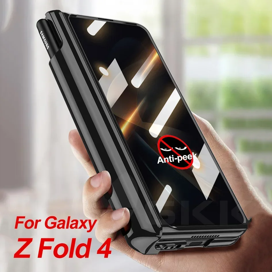 

Anti-peek Glass Magnetic Hinge Case For Samsung Galaxy Z Fold 4 Luxury Plating Pen Holder Clear PC Cover For Galaxy Z Fold4 Case