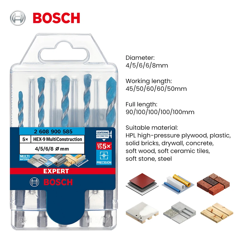 Bosch Expert Series Drill Bits HEX-9 Hard Ceramic and Multi Construction Drilling Bit for Brick Walls Concrete Metal Wood 5Pcs