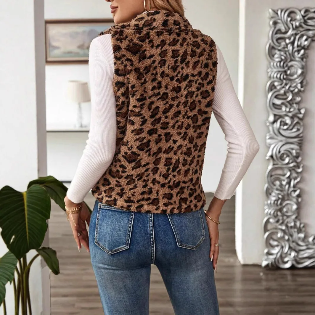 Leopard Short Faux Fur Vests Zipper Lapel Furrty Jackets Sleeveless Loose Fluffy Cardigans Winter Zip-up Warm Women's Plush Coat