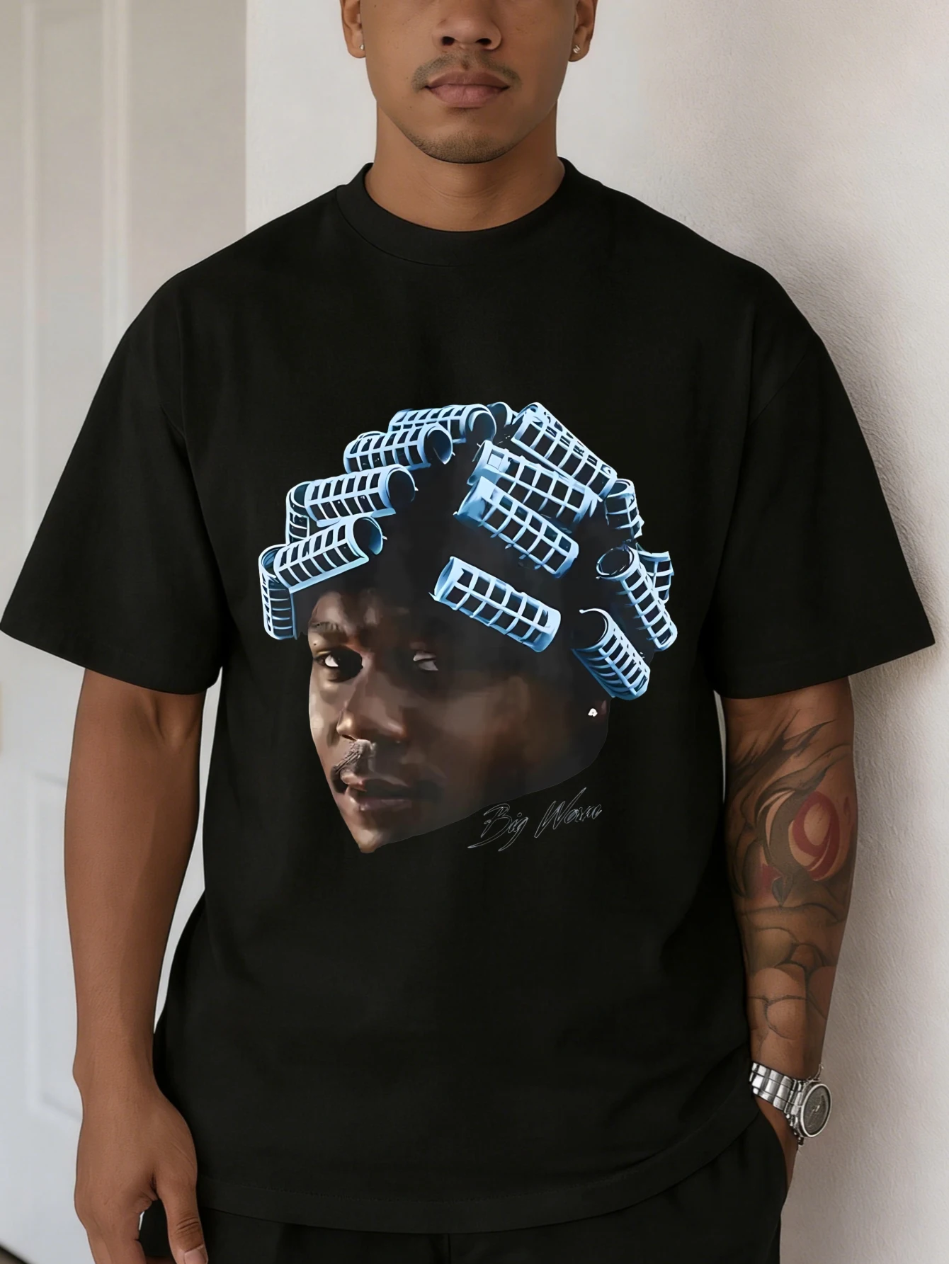 

Mens Oversized Cotton Metal Mesh Head Graphic Printed Short Sleeve T Shirt for Men Summer Casual Streetwear