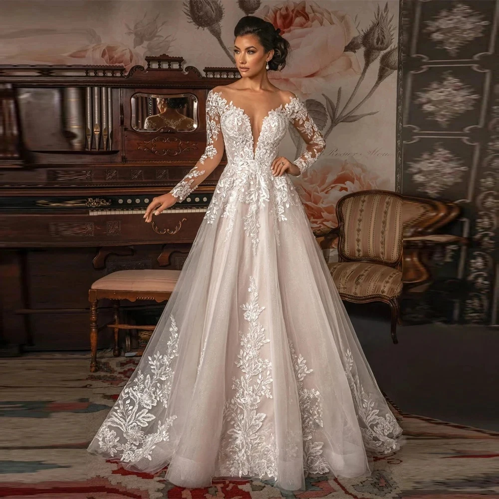 

Lorencia Deep V-Neck Long Sleeve Wedding Dress Lace Applique A Line Bridal Gown Princess Bride Dress Vestido De Noiva YAW106