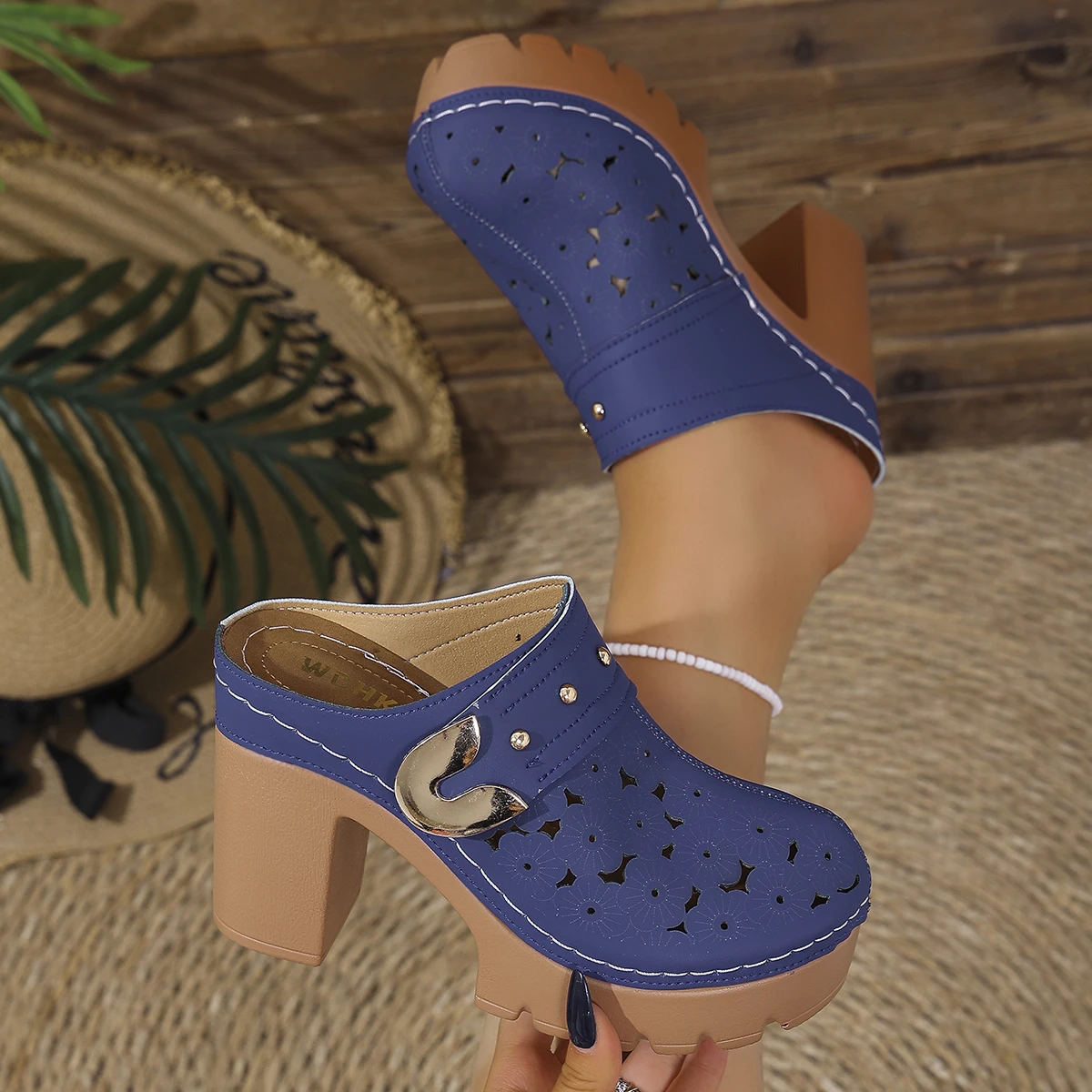 

Women High Heel Sandals Mules Retro Style Shoes Women Cover Toe Thick Heel Slippers Round Toe Comfortable Platforms Sandals