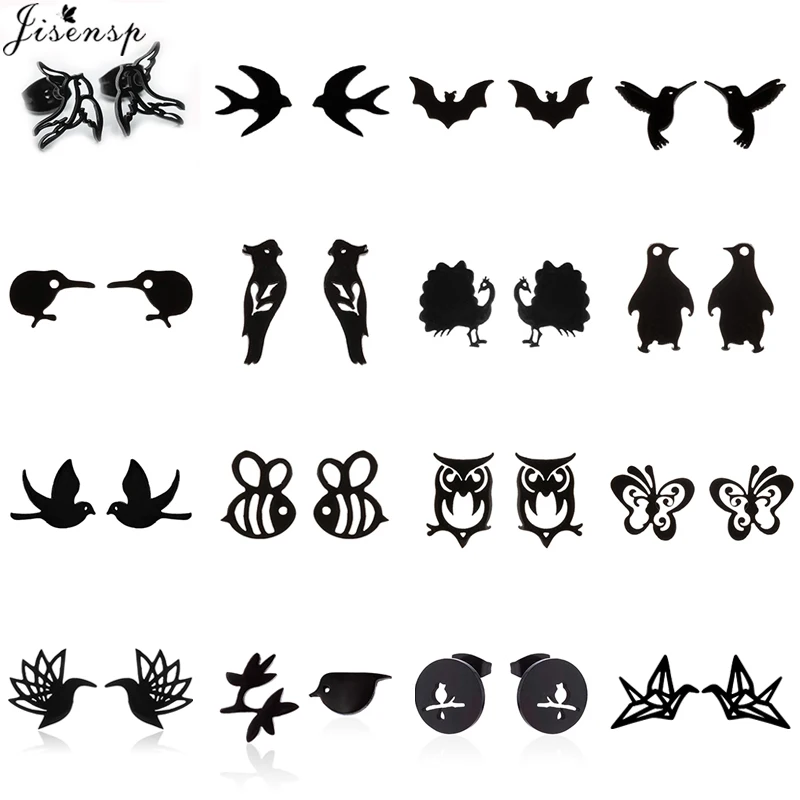 Trend Jewelry Cute Animal Stud Earrings for Women Fashion Butterfly Penguin Swallow Bee Earing Simple Owl Crane Studs Black