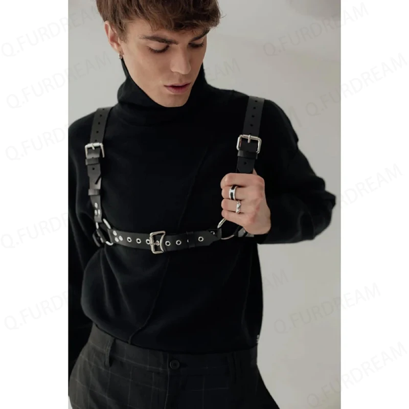 Gay Men\'s PU Leather Chest Harness with Chain Suspenders Body Harness Festival Wear Carnival Rave Outfit Black Men Accessories