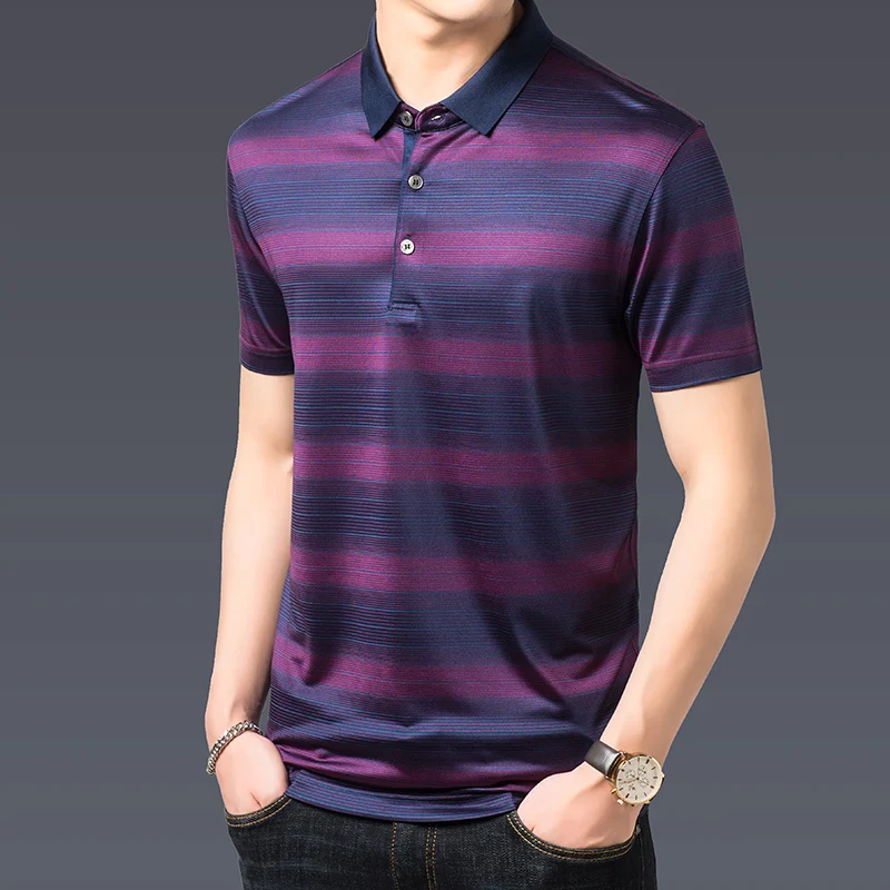 2022 Mulberry Silk Summer Golf Men's Polo Shirts Luxury Short Sleeve Striped Casual Male T-shirts Simple Slim Man Tees 3XL