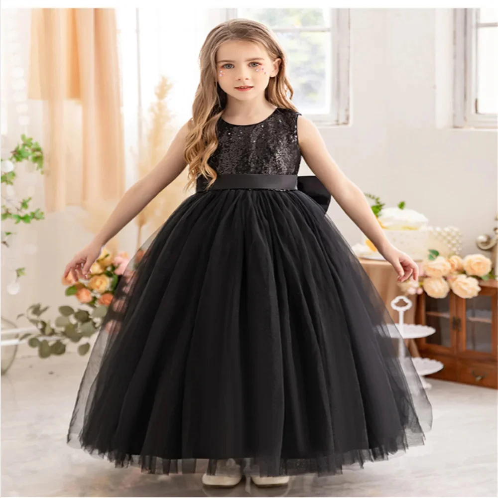

Simple Black Sequin Tulle Puffy Floor Length With Bow Flower Girl Dress For Wedding Child First Eucharistic Birthday Party Dress