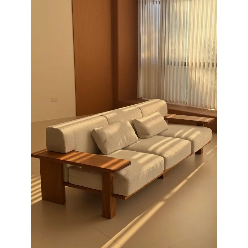 

Myanmar teak custom solid wood sofa living room modern simple small apartment straight row three-person fabric sofa