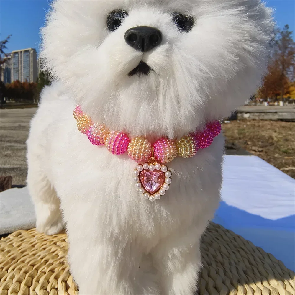 Cute Personalized Handmade Yangmei Balls Beads Pet Collar with Peach Heart Pendant Neck Decoration for Small Dog Cat Accessories