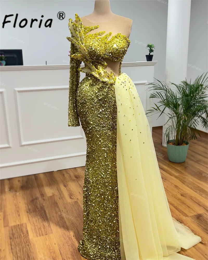 Elegant Dubai Woman Mermaid Evening Dresses with Side Train Sparkly Beading Sequin Appliques Formal Wedding Party Dress Prom