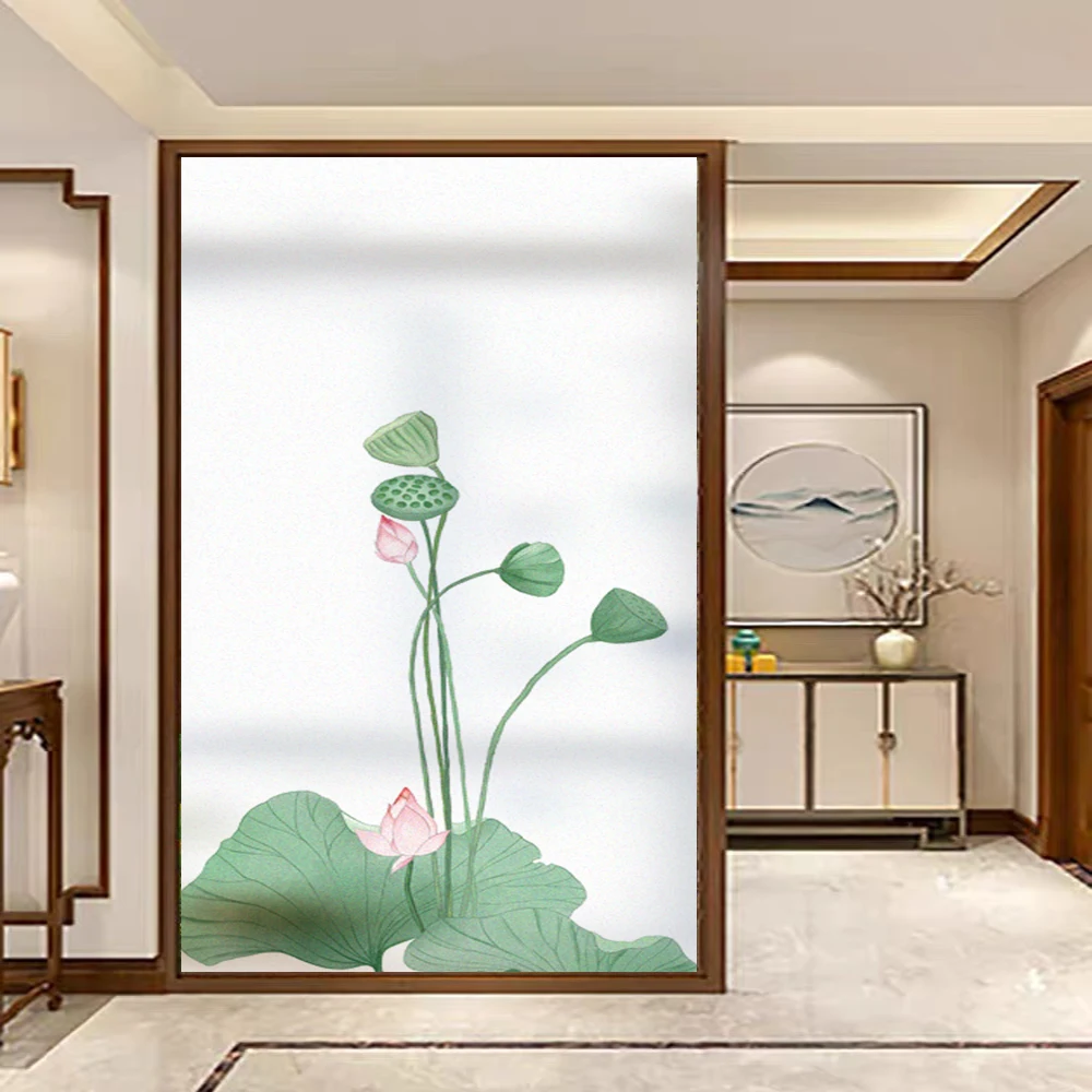 Privacy Glass Window Frosted Decoration Film Lotus Pattern Sun Blocking Anti UV Non-glue Static Cling Stained Glass Door Sticker