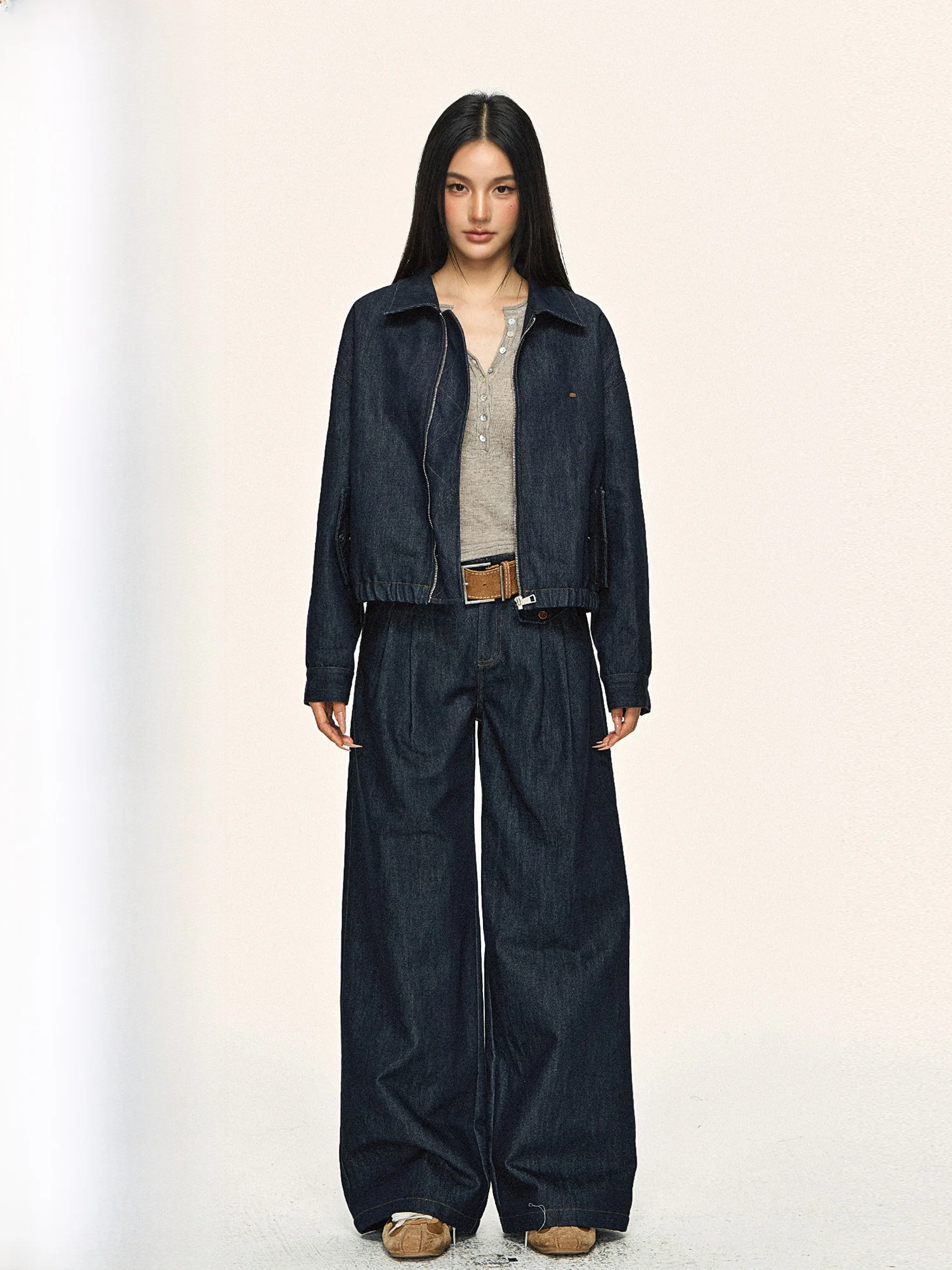 

0PASSION American Retro Denim Jaet And Pants Set Loose Fit Collared Women's Outfit Casual Sle Cotton Polyester Blend