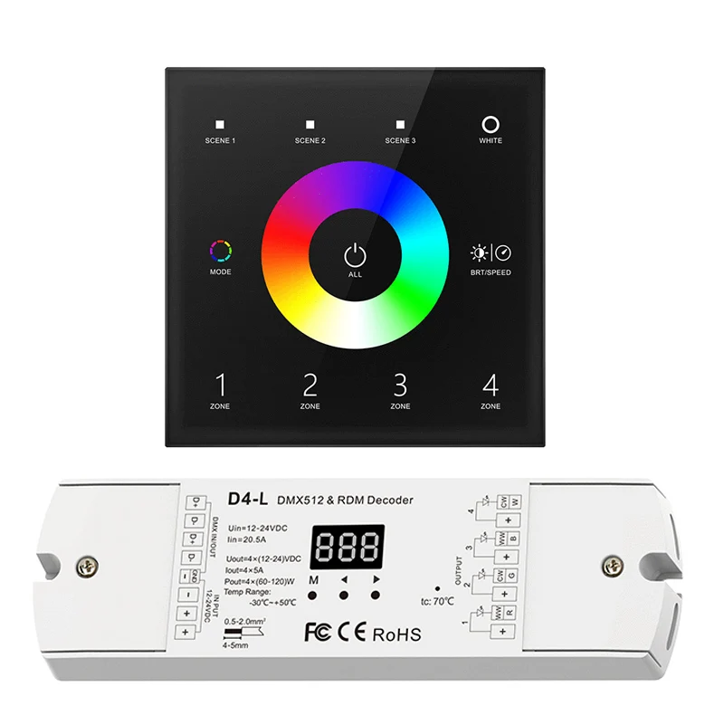 

New Led RGBW Controller Wall Mount 100-240V 4 Zone Touch Panel DMX Master & 4 Channel DMX512 Decoder Slave For RGB Strip Control