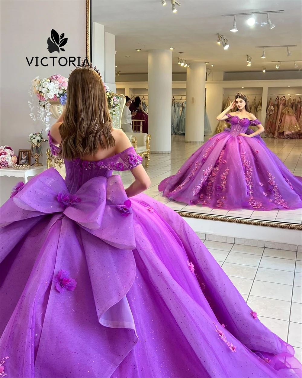 Purple 3D Flowers Ball Gown 15 Dress Quinceanera 2024 With Bow Off The Shoulder Quince Dress Formal Occasion Gowns Sweet 16